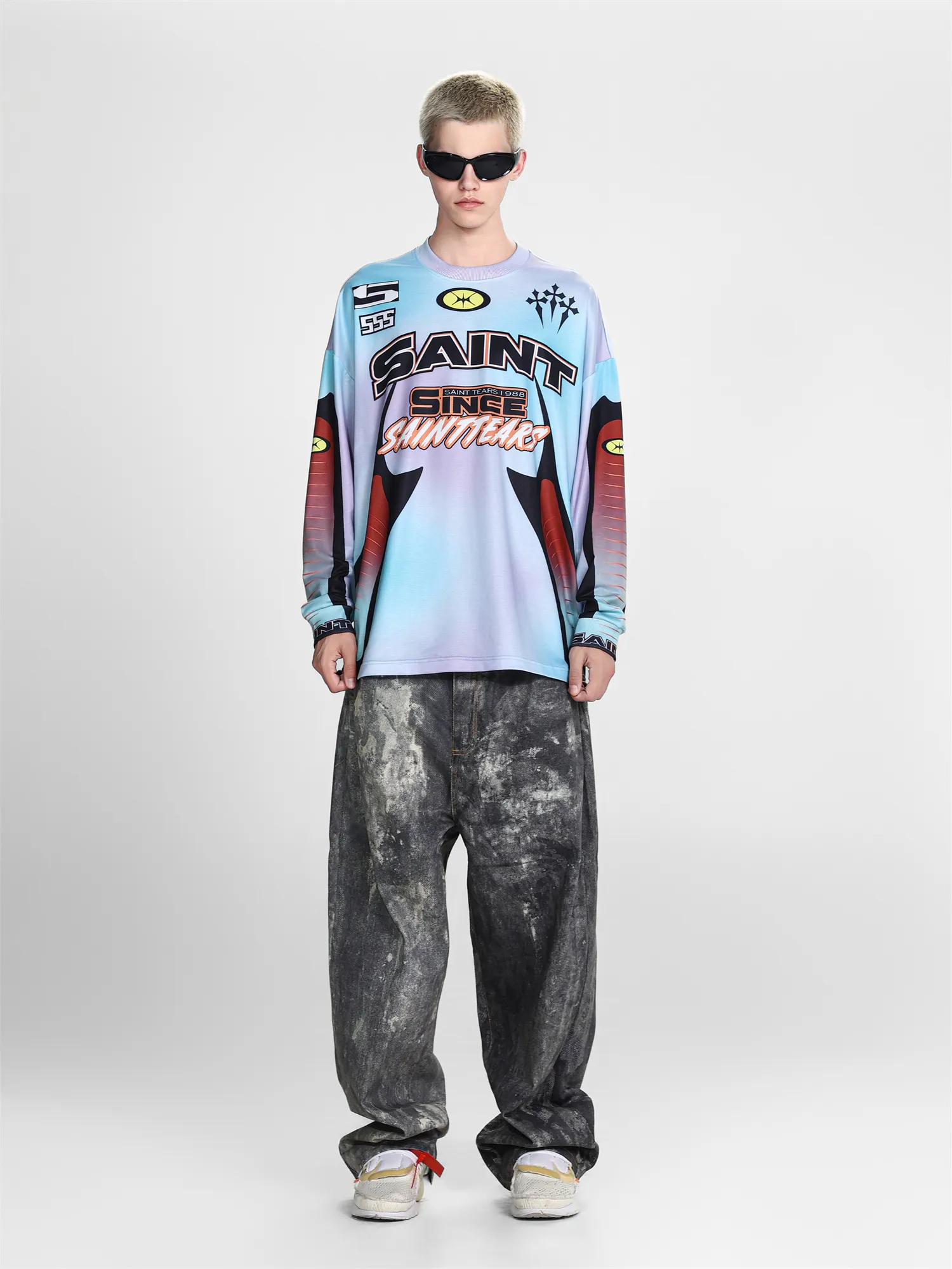 Saint michael tears all-over printed long-sleeved vintage autumn and winter T-shirt Style number: 117 Size: M L XL Wholesale price: 136 Color: blue yellow